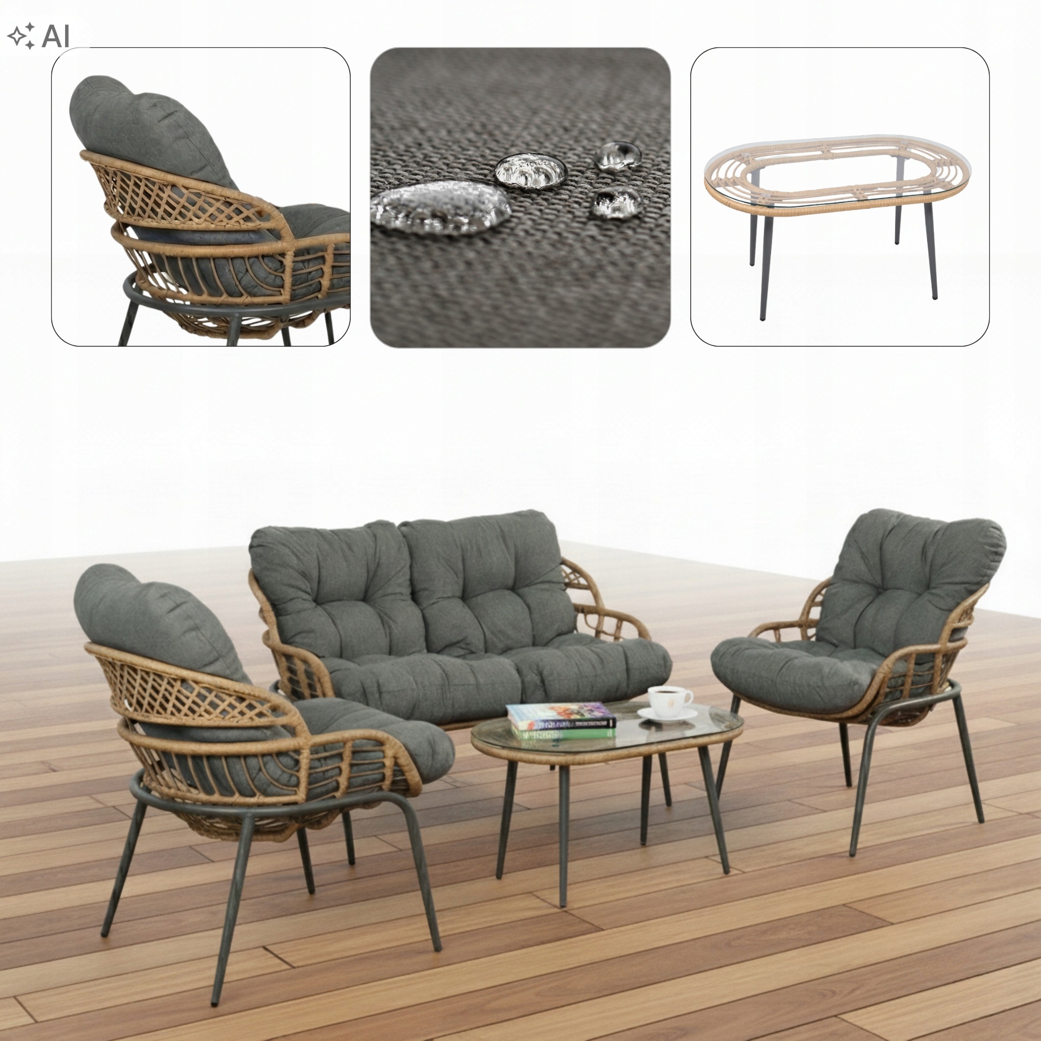 Zestaw Mebli Ogrodowych Tarasowych Stal Technorattan Sofa Stolik 2XFOTEL