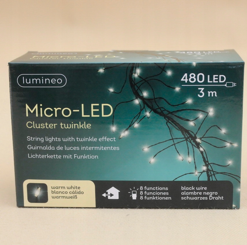 Lampy čierny drôt reťaz veľmi teplá farba 480 Led 3 metre