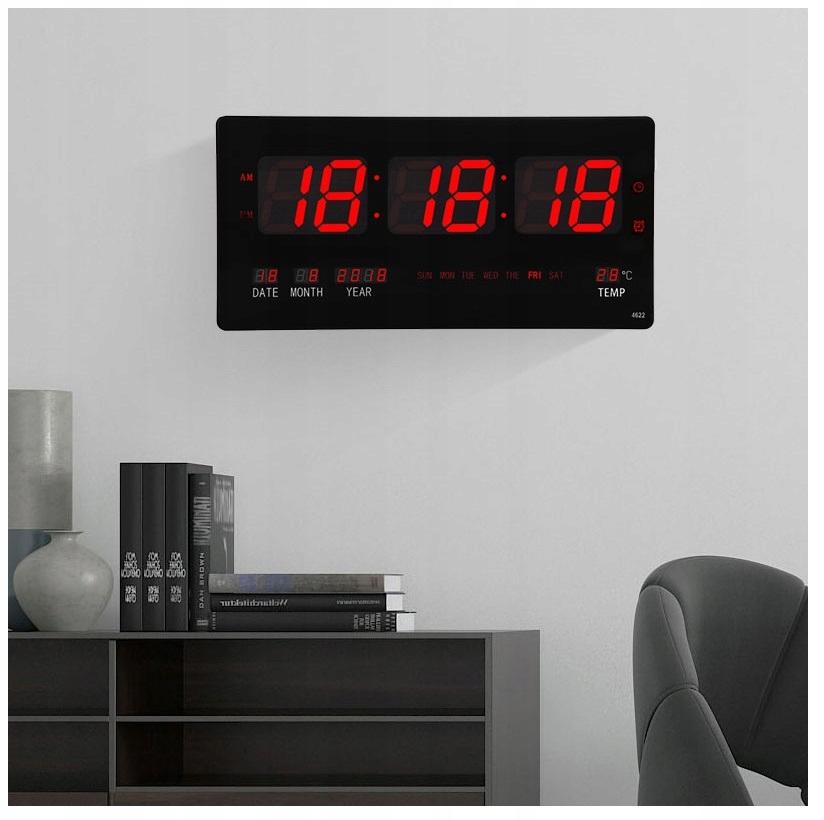 ZEGAR ŚCIENNY DUŻY LED CICHY ELEKTRONICZNY CYFROWY TEMPERATURA DATA 45cm Typ ścienny