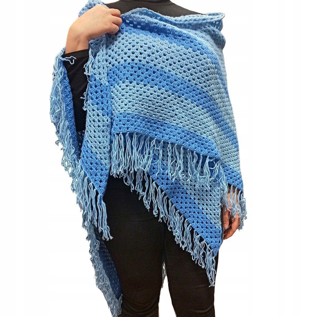 RK/HN9 Trojúhelníkový šátek vyrobený ručně háčkováním. Modrá barva.