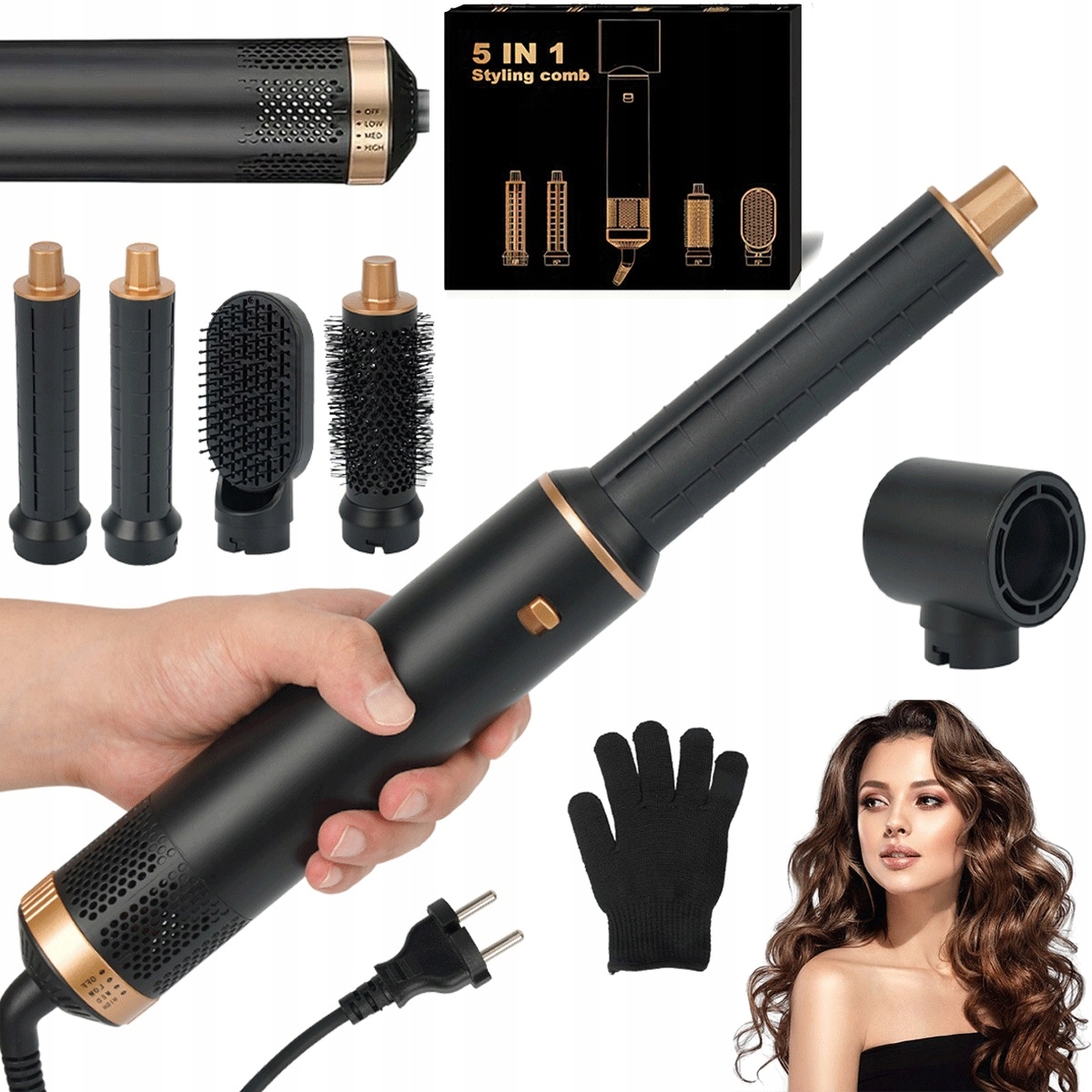 Kulma na vlasy 5v1 s ionty, 3 teploty, 5 nástavců, černá