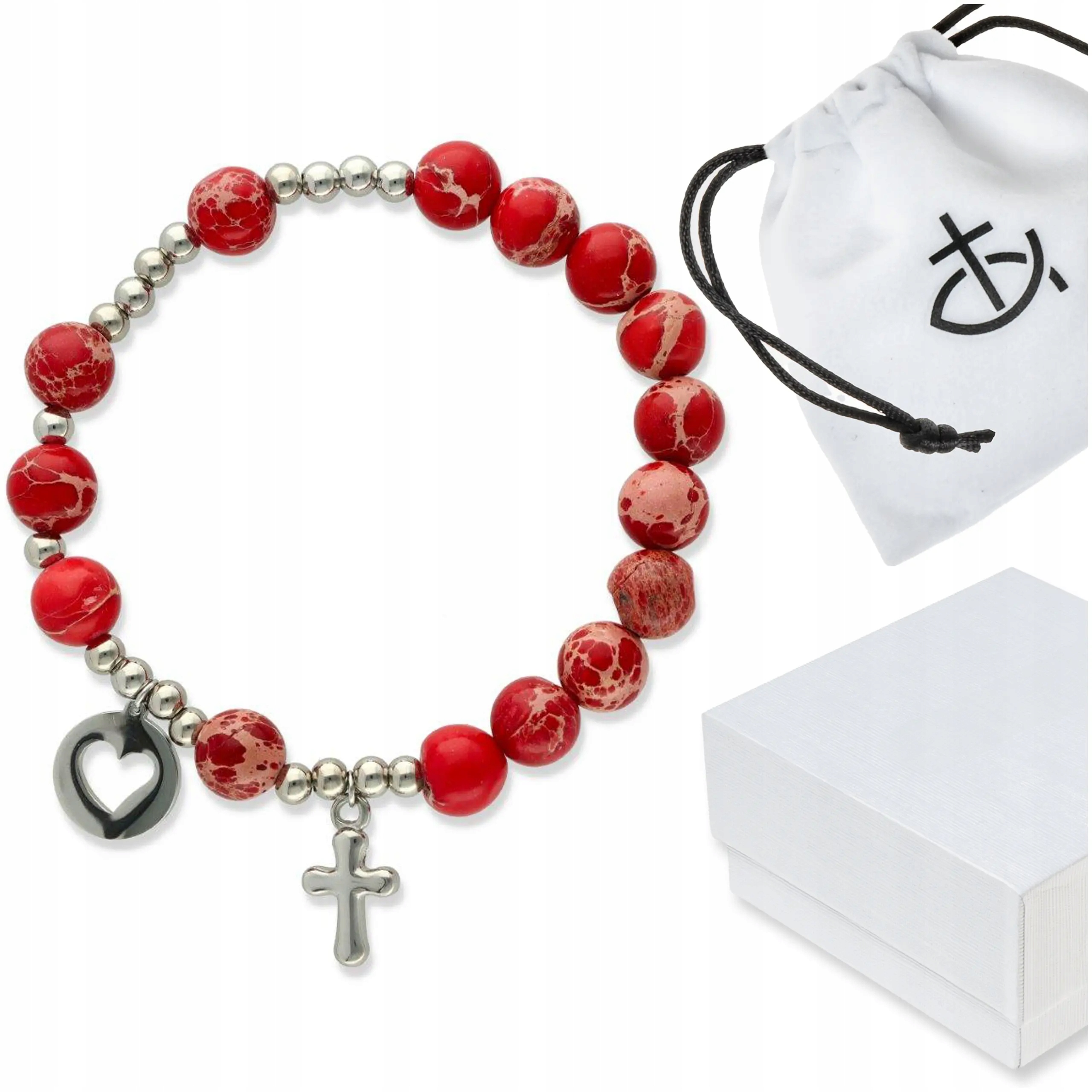 Elegantní náramek růženec z červeného jaspisu v krabičce Biřmování