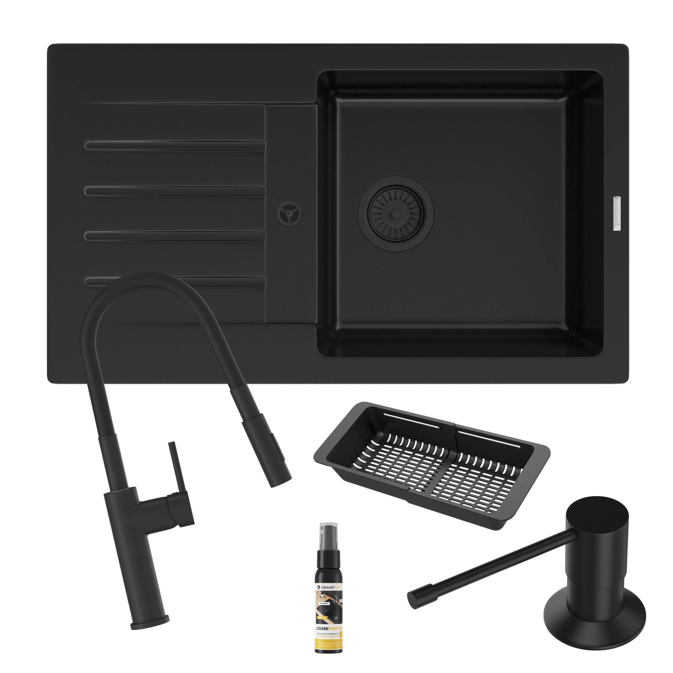 Jednokomorový drez Trix Kuchynský drez Granitový impregnát Batéria