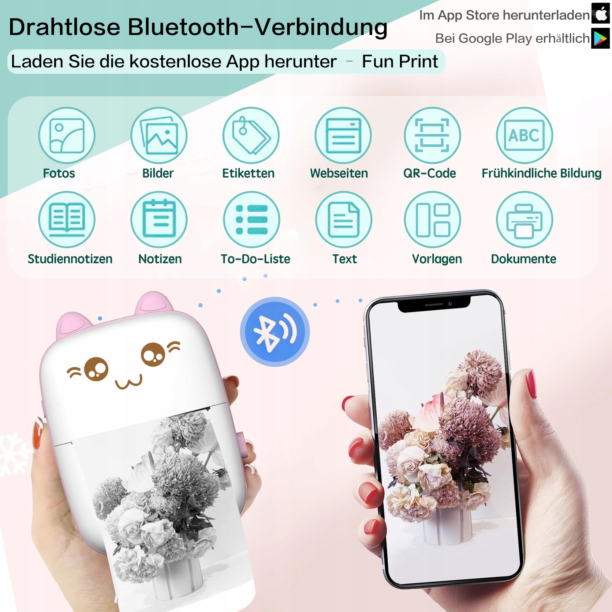 JEPEERBZ Mini Drukarka do Smartfona Termiczna Drukarka Naklejek Różowa — miniatura 2