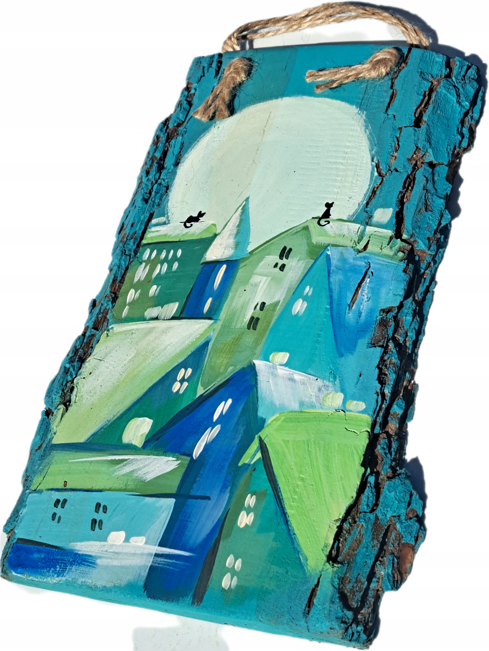 Obraz na masivním dřevě s kůrou pro dekoraci domečky a kočky na dárek malovaný