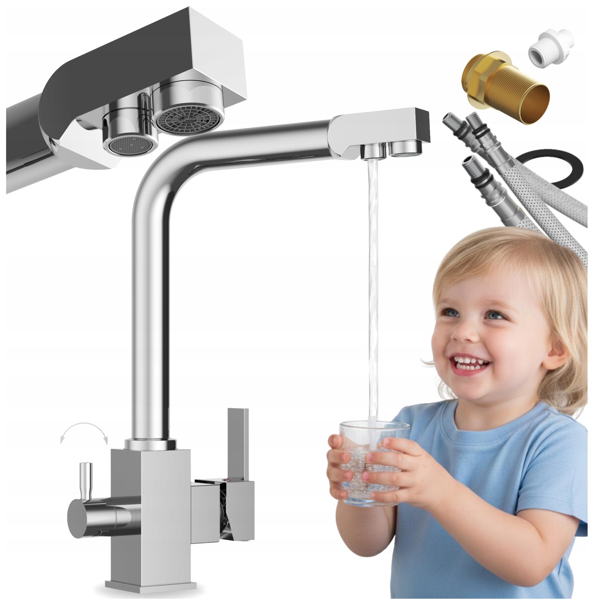 Kuchynská trojcestná batéria pre vodný filter, kohútik Node, chróm, výtokový filter