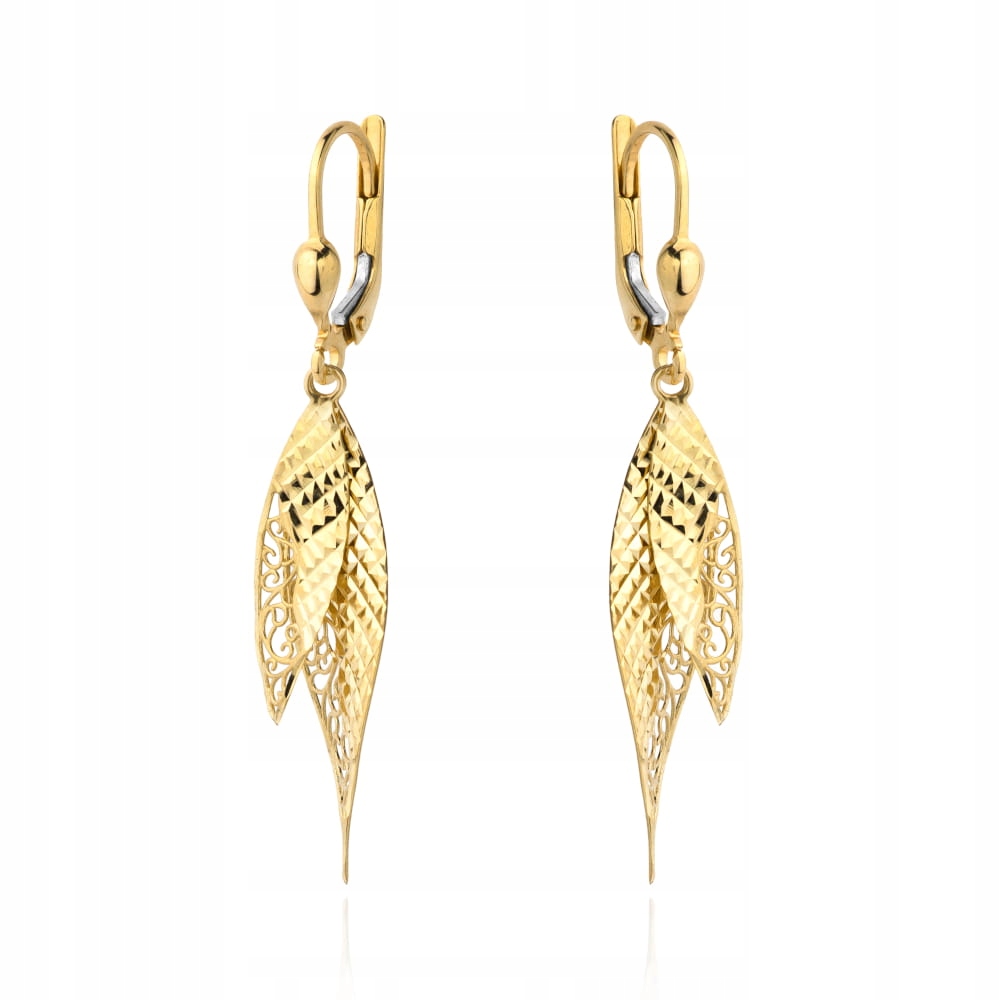 Náušnice zlaté 585 14k diamantové slzy 2.45g dlouhé ažurové