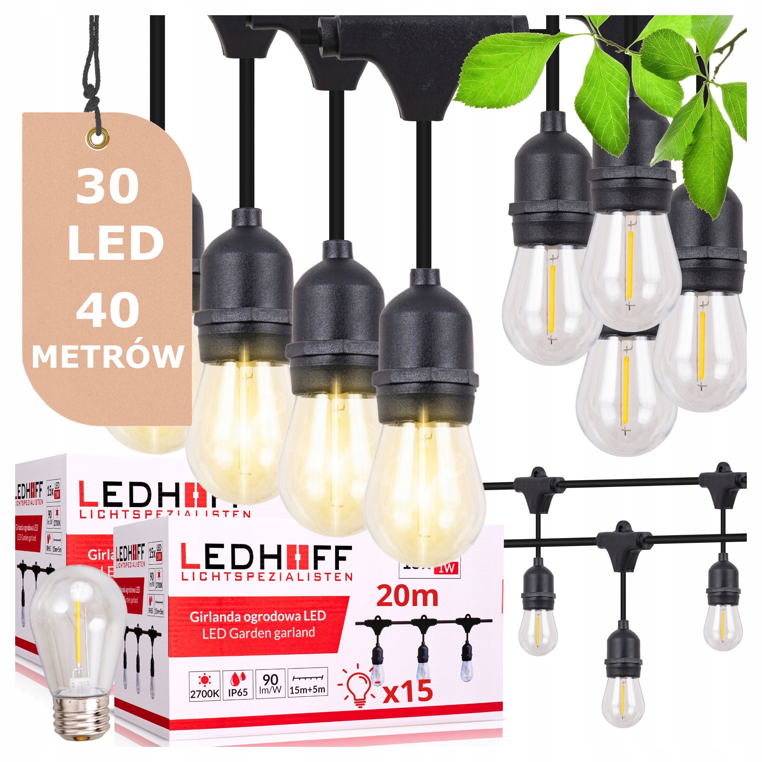 Svetelná záhradná girlanda 40m 30x Led žiarovka E27 Vodotesný kábel