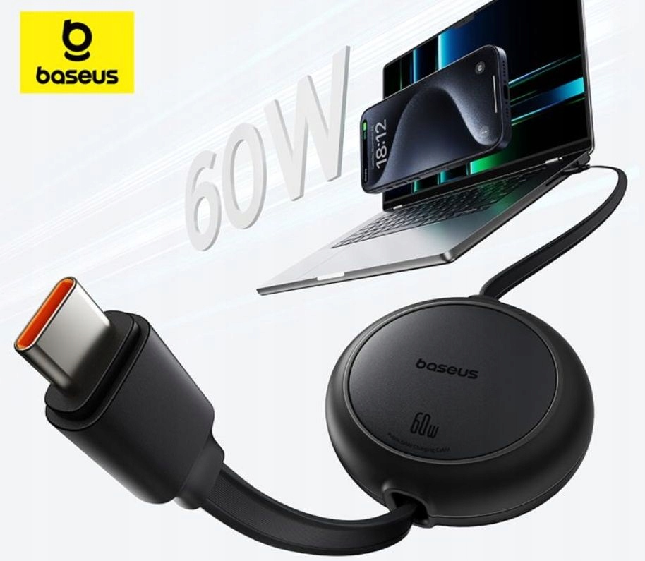 Zwijany Rozwijany Kompaktowy Kabel BASEUS 60W PD USB-C do USB typ C 1m Konstrukcja płaski przewód