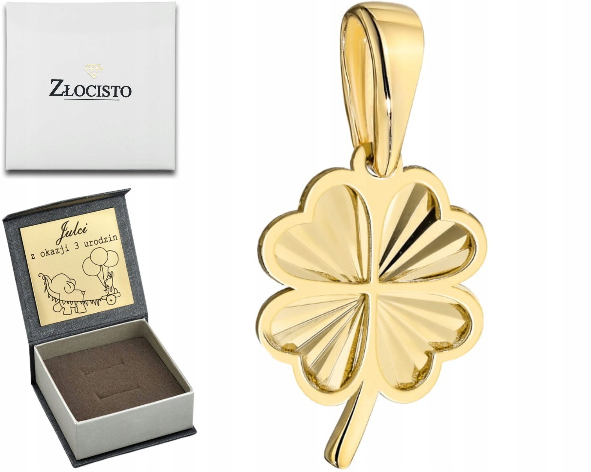 Zlatý přívěsek Diamantová Jetel se srdíčky a stonky pro štěstí