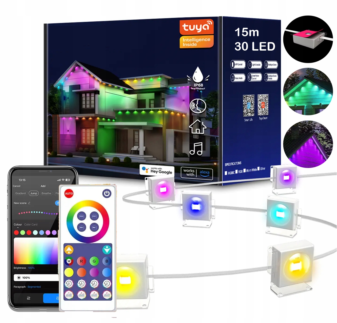 Sada Led světel Rgbic Ww+nw+cw 15m 30LED vánoční dekorace na dům IP67