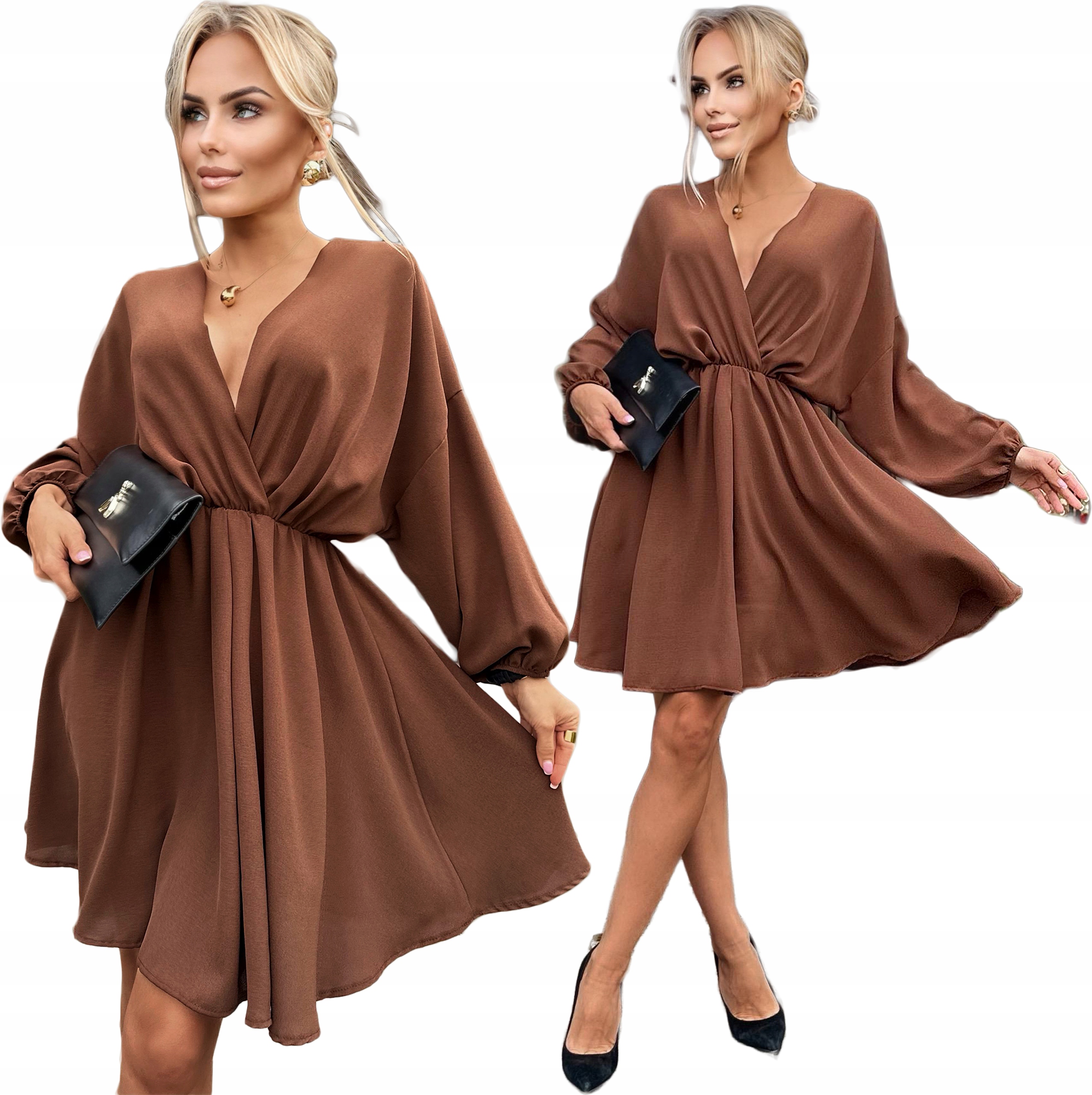 Czekoladowa Sukienka damska Kimono balonowy rękaw wesele Sandra