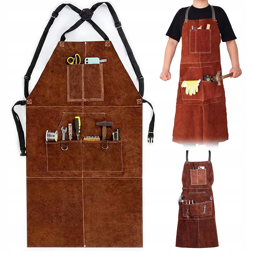 Kožená svařovací zástěra 60 x 105 cm, 6 kapes, odolná proti jiskrám