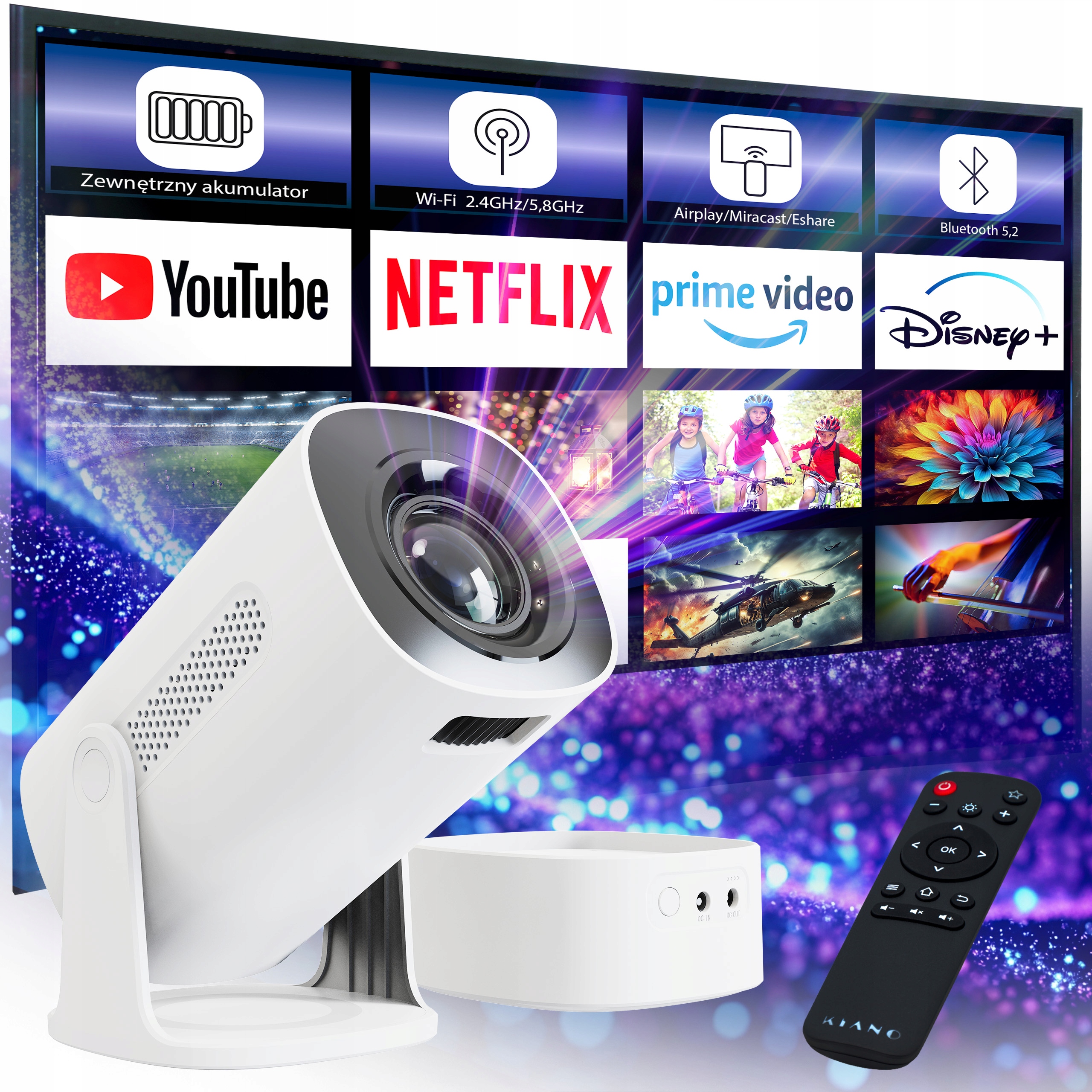 Projektor bezprzewodowy WiFi Bluetooth 4K Led w zestawie z baterią