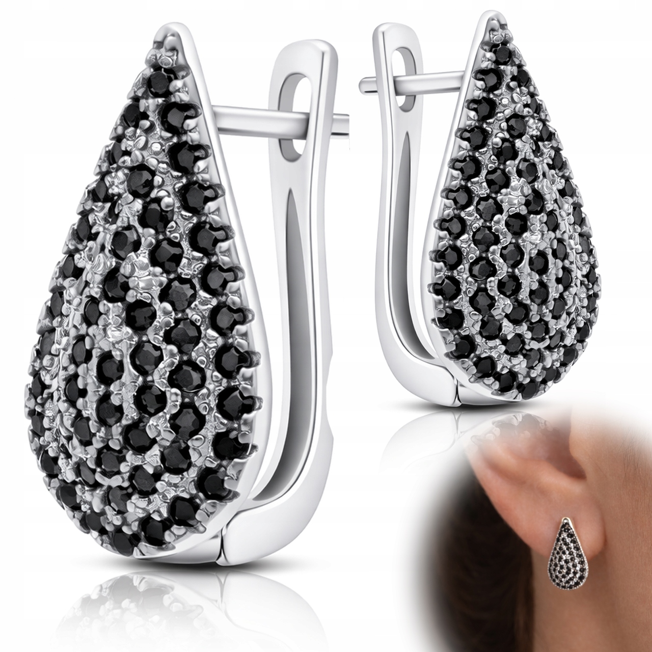 Stříbrné náušnice 925 s černými zirkony, elegantní anglické dámské