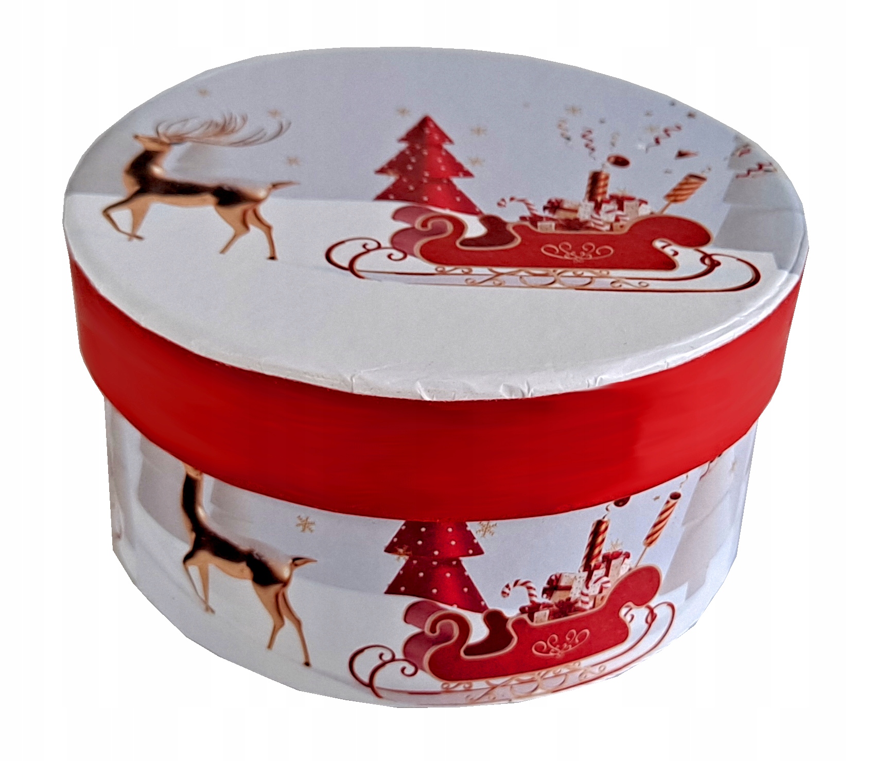 

Pudełko okrągłe świąteczne renifer sanie