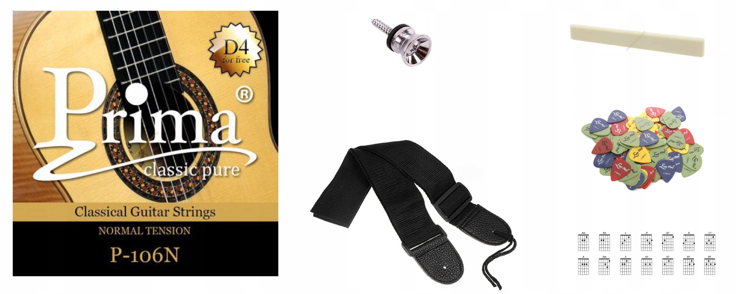 STRUNY DO GITARY KLASYCZNEJ Z ZAPASOWĄ STRUNĄ D4 + PASEK + ZACZEP + GRATISY
