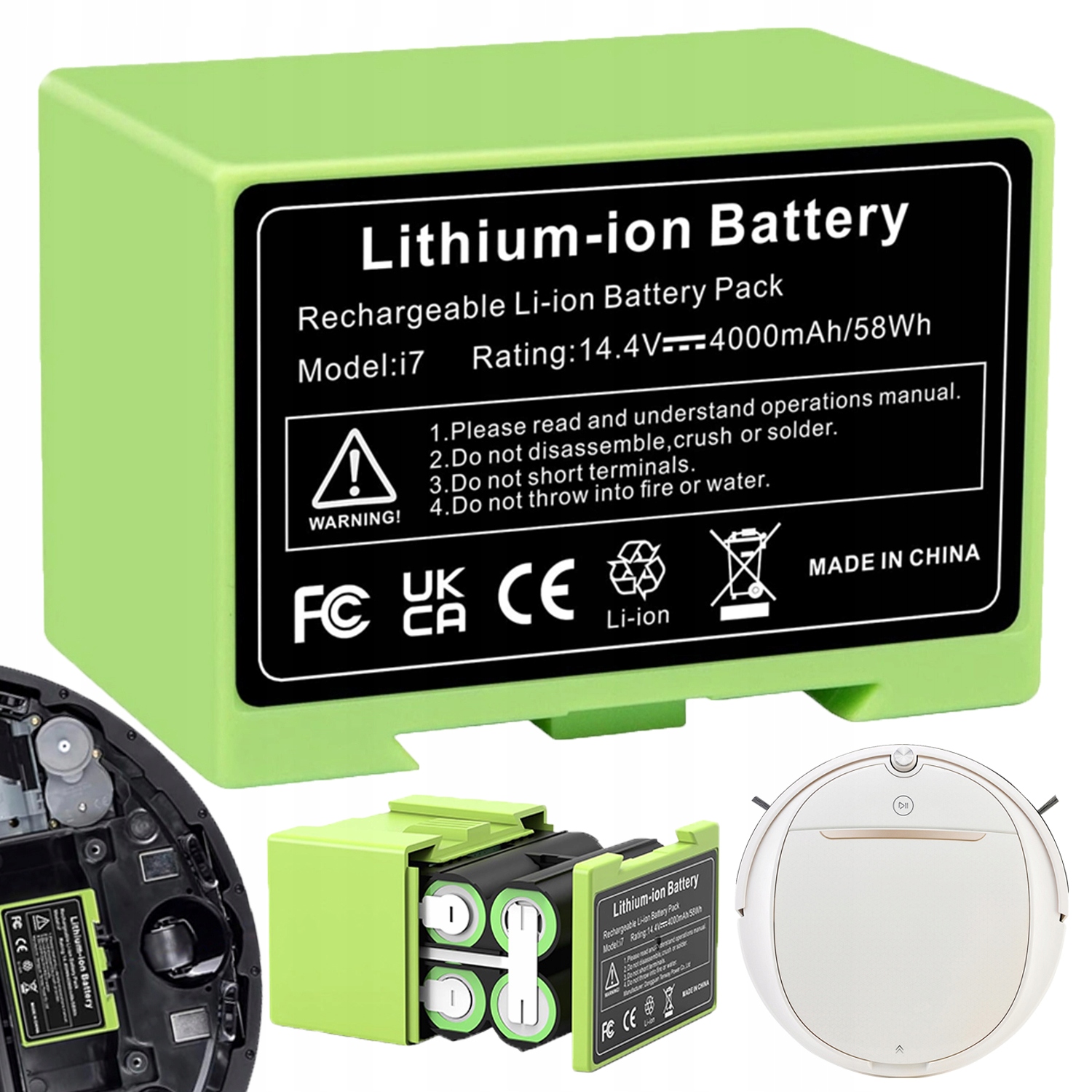 Baterie 14.4V 4000MAH Pro Irobot Roomba I7+ I7 I3+ I4+ E5 E6 Zelená