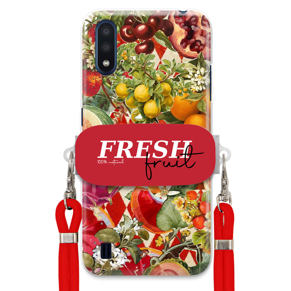 Puzdro pre Samsung M01 Červené Crossbody vodítko držiak Fresh Fruit Ovocné