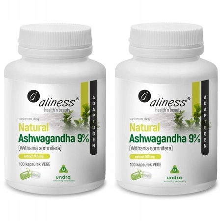 2x Aliness Ashwagandha 555 mg 9% 100k Mocny Ekstrakt na Pamięć Stres Spokój