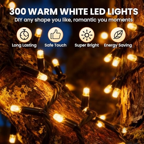 LED LAMPKI ŚWIĄTECZNE ZEWNĘTRZNE 30M 300 LED CIEPŁE BIAŁE 8 TRYBÓW IP44 — miniatura 2