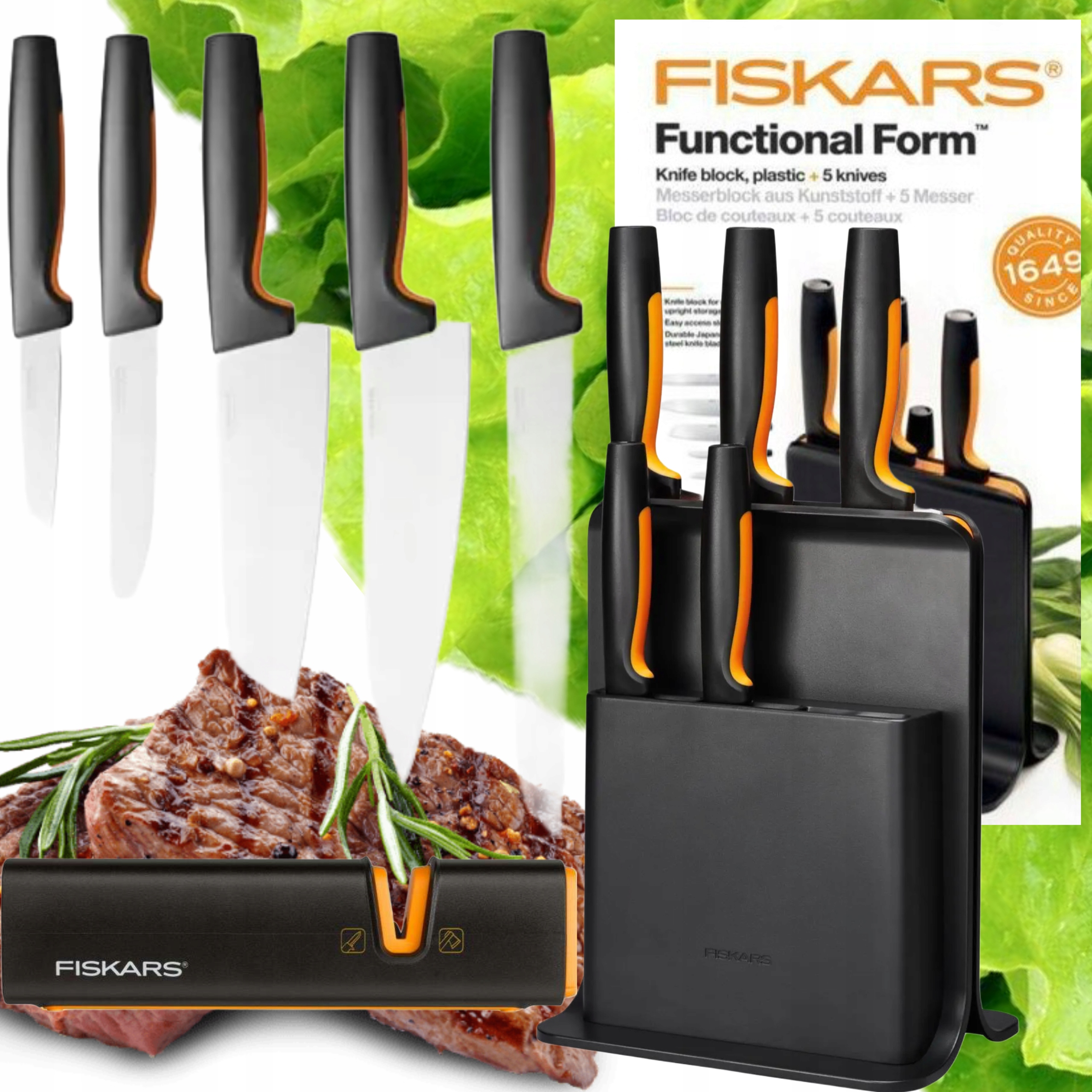 Sada 5 Nožov V Bloku Fiskars Ff Komplet Kuchynské Nože Ostré Brusný Kameň