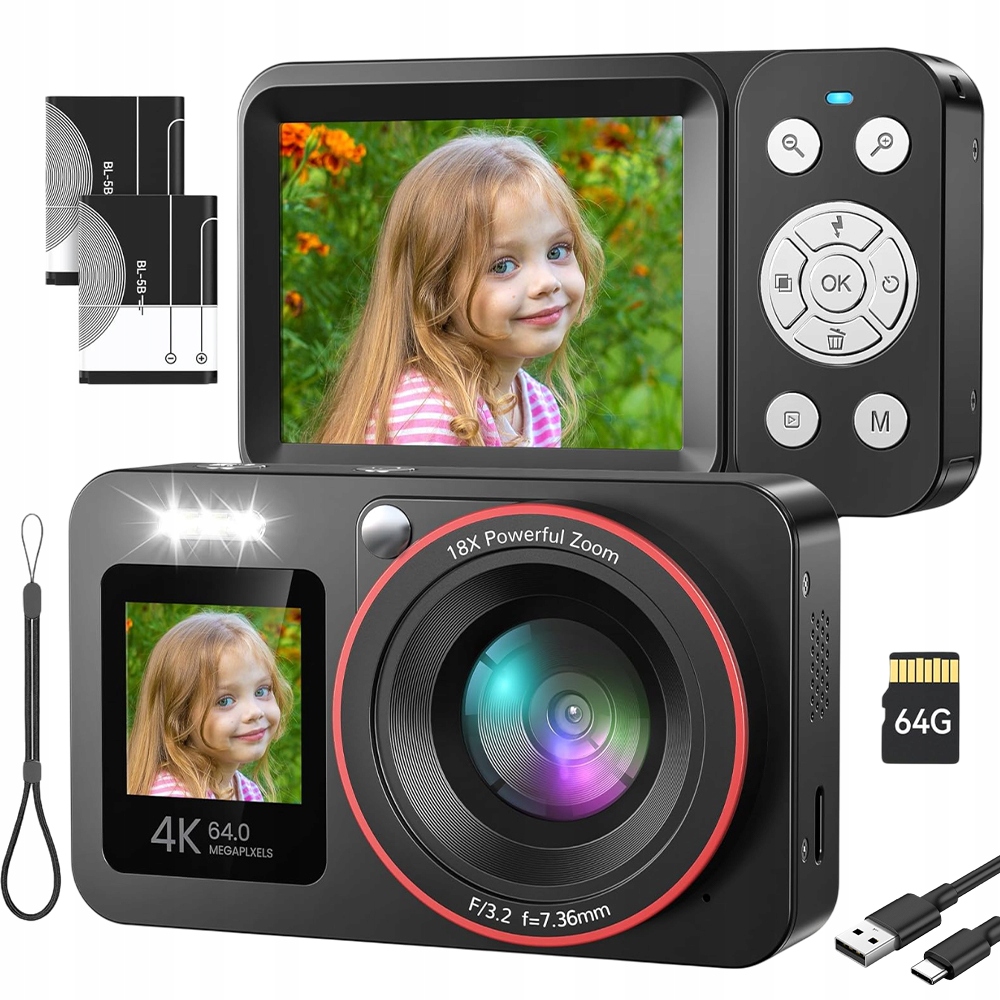 Digitální fotoaparát Fotografie 64MP Videa 4K 18x Zoom Anti Shake Karta 64 Gb