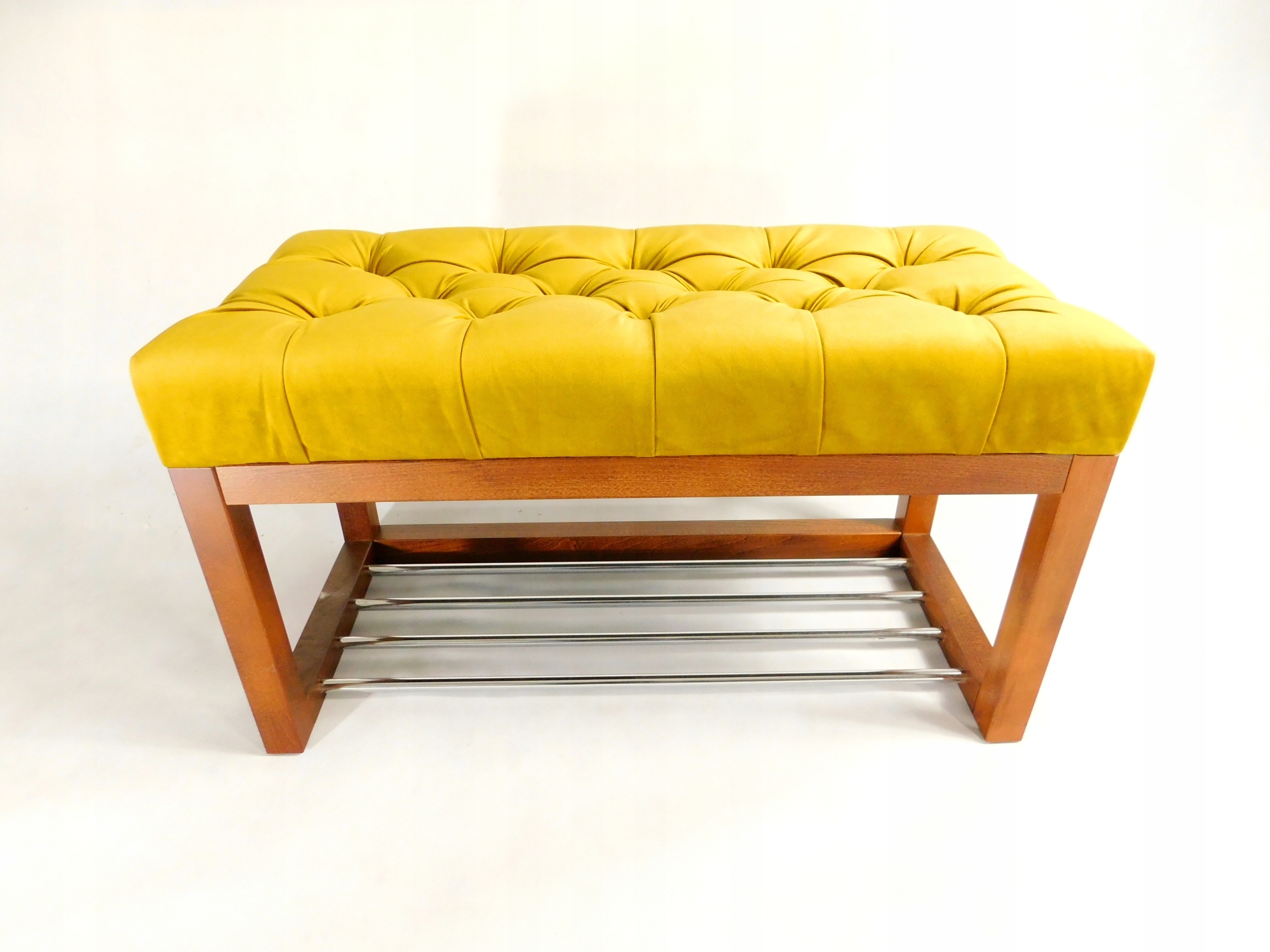 Čalúnená lavička s vankúšom, lavica z vetrolamu, bukové drevo 60 cm, 45 cm, žltá