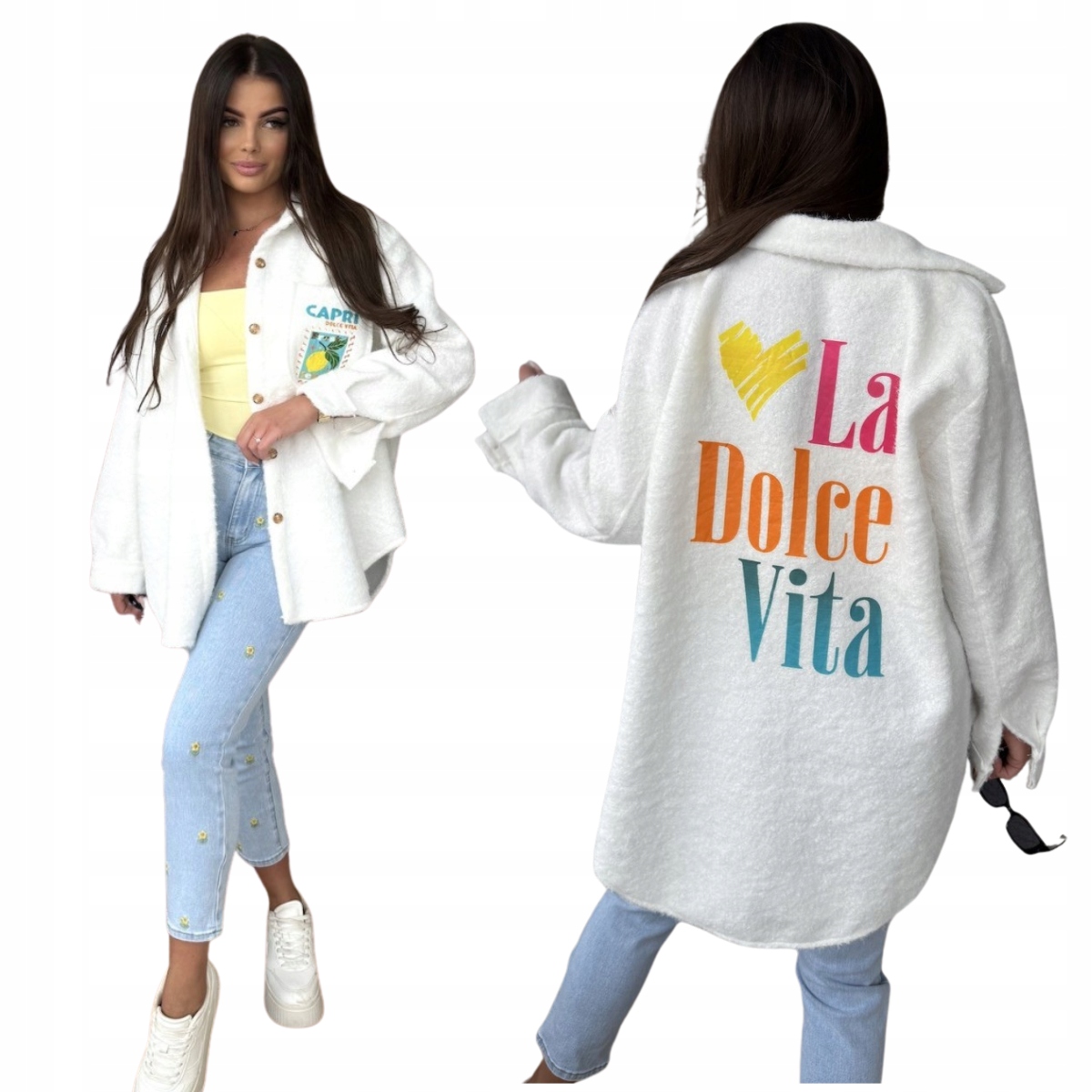 Přehozová košile s vlnou a barevným potiskem bílá Capri One size