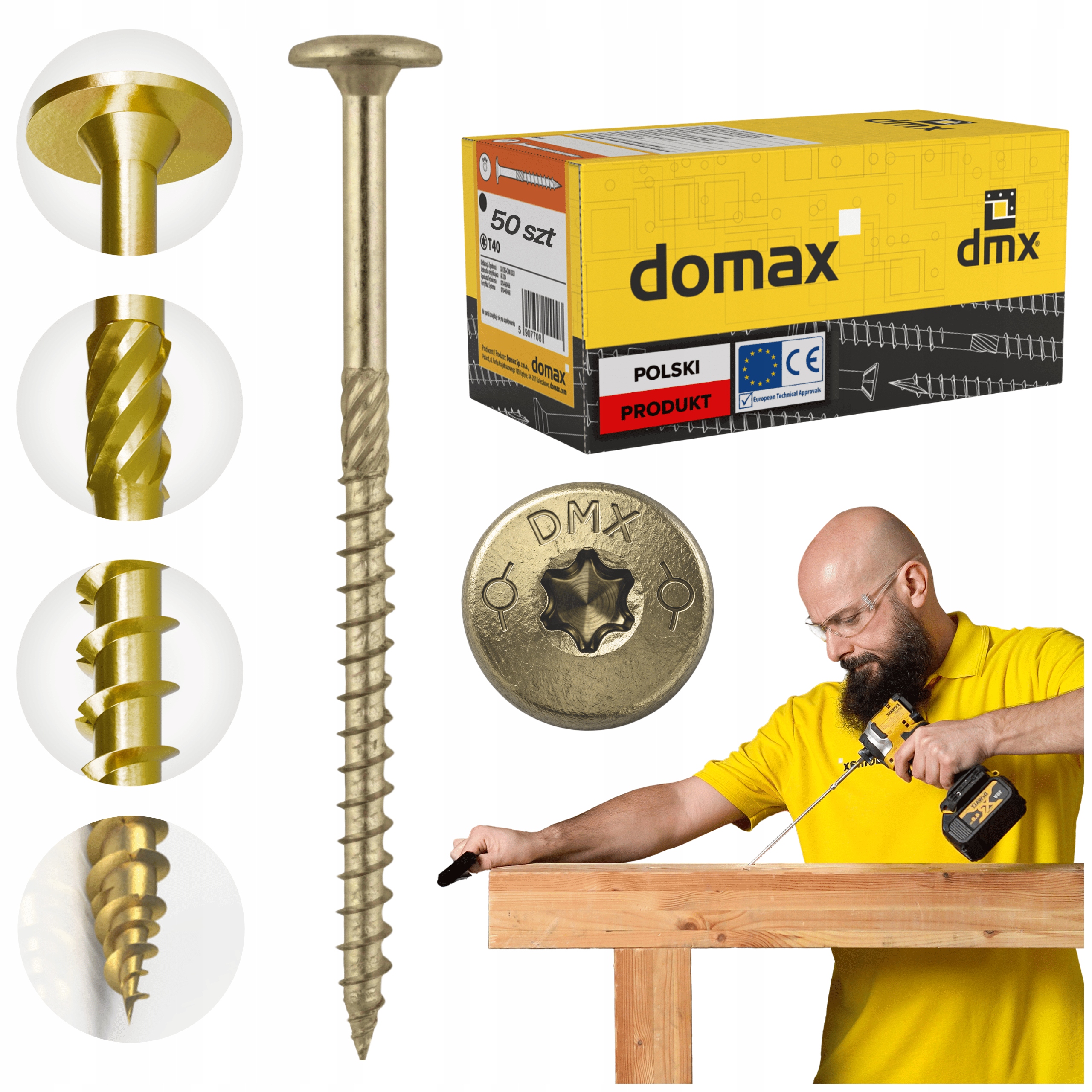 Tesařské Vruty 8x360 Talířové Torx 50 ks Do Dřeva Domax Ct Zlaté
