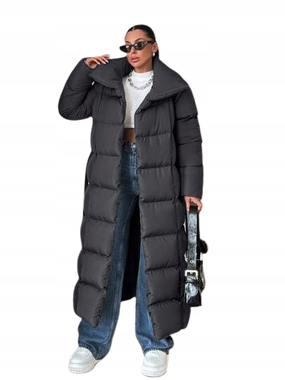 Shein Dlouhá Prošívaná Zimní Bunda S Páskem, Šedá, 38 1 Kh