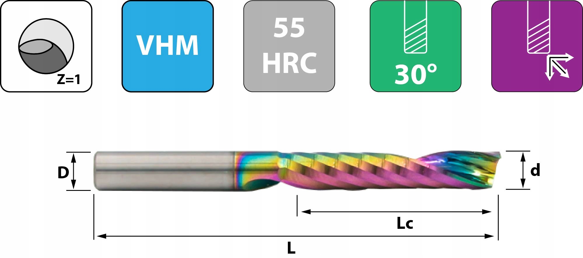 Frez VHM Fi6 x 6 x 50 ALUMINIUM, PLEXI, PCV Twardość (HRC) 45