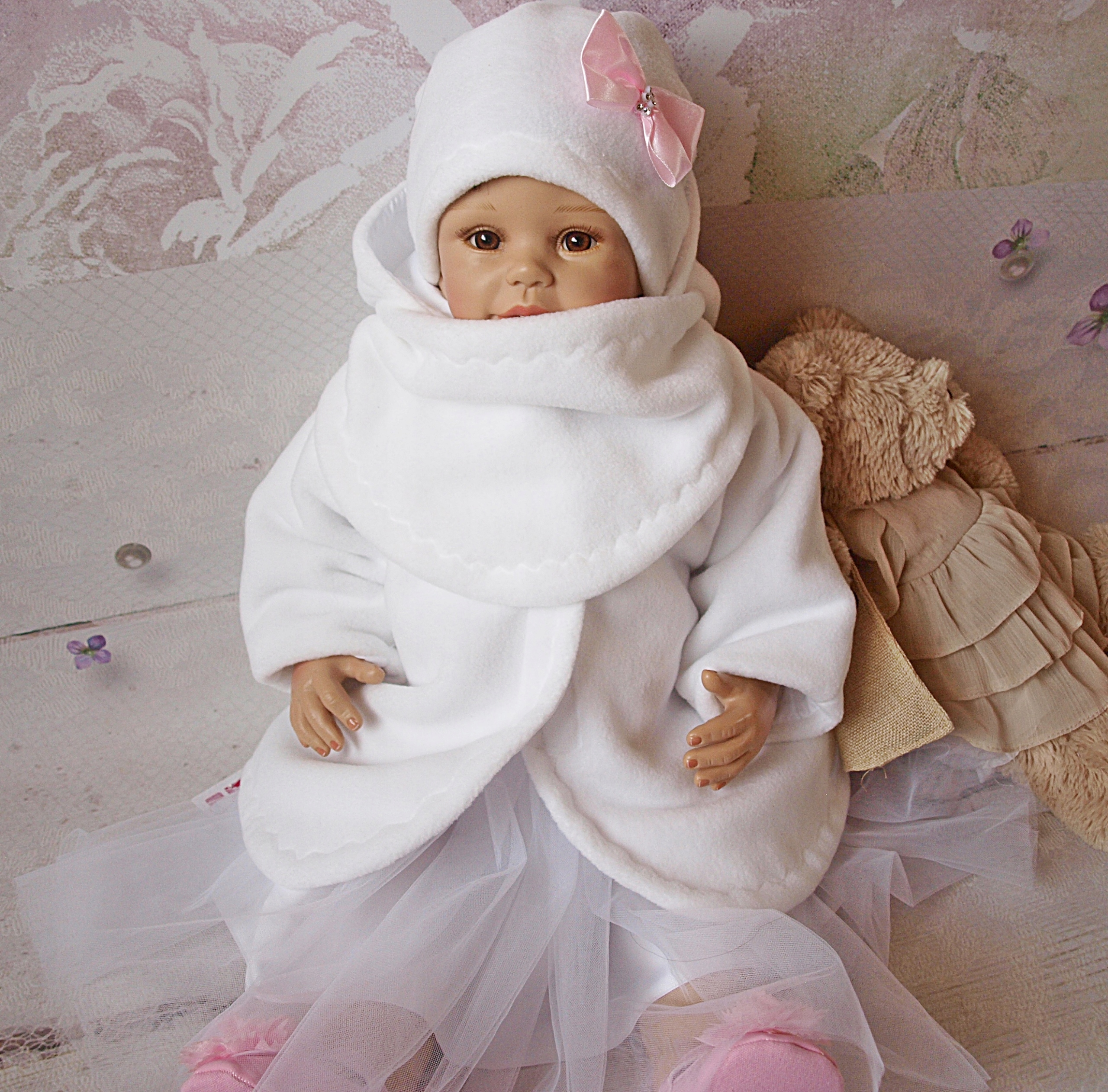 BIAŁY CIEPŁY ZESTAW CZAPECZKA I CHUSTA KOKARDKA 68 Rozmiar 40-43 cm