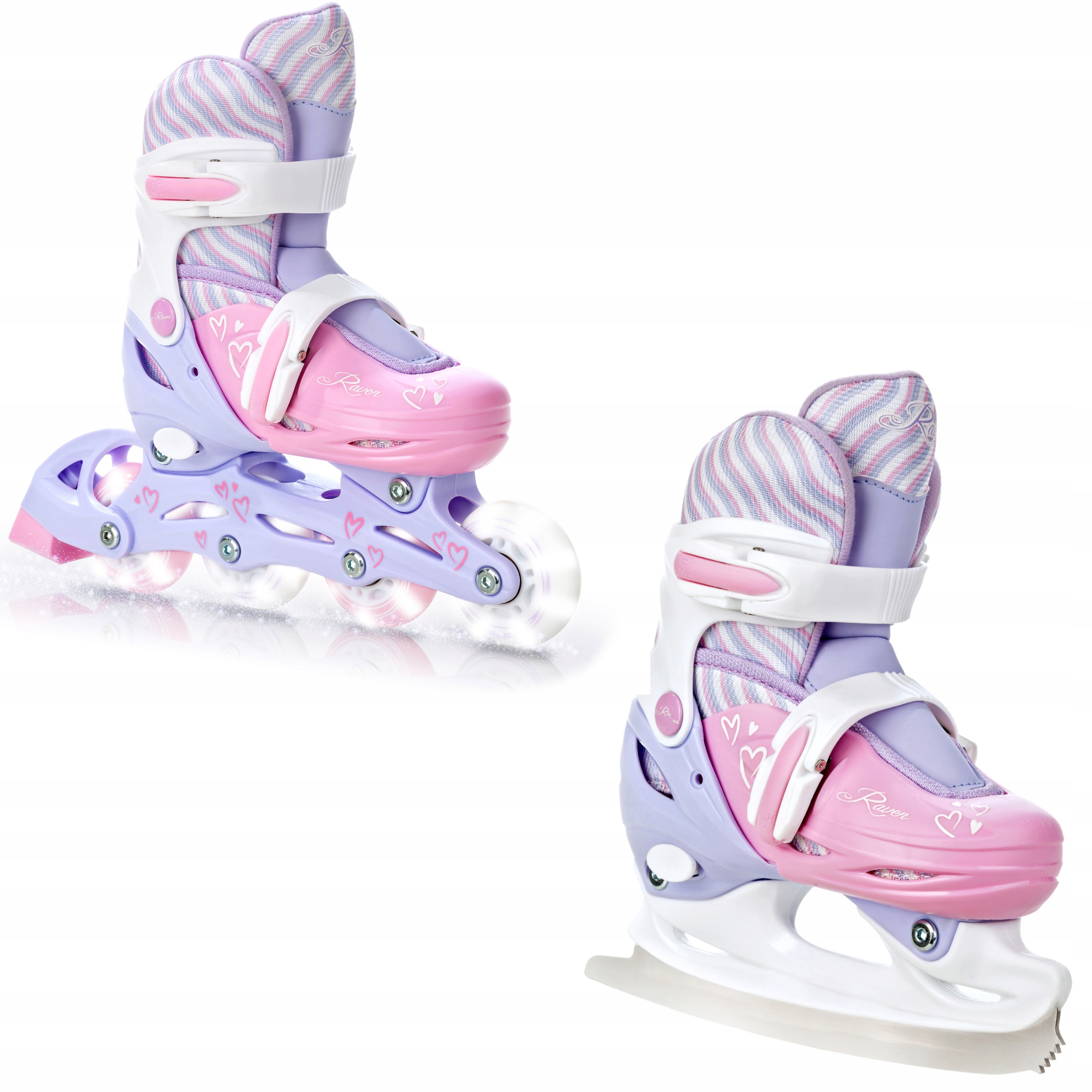 Rolki Łyżwy figurowe 2w1 Regulowane Raven Loret Lila/Pink 30-33 Kółka Led
