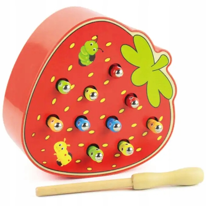 DREWNIANA GRA ZŁAP ROBACZKA TRUSKAWKA WĘDKA ŁOWIENIE MONTESSORI Stan opakowania oryginalne