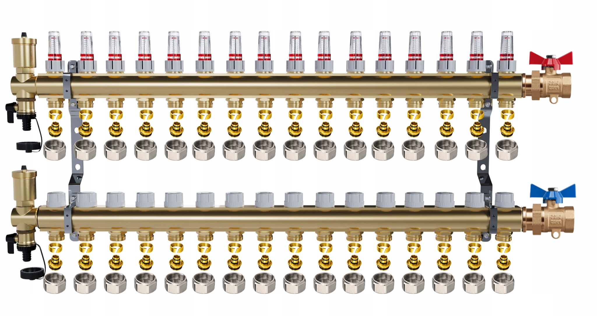 Rozdělovač pro podlahové vytápění – 16 okruhů jednoduché ventily Pex
