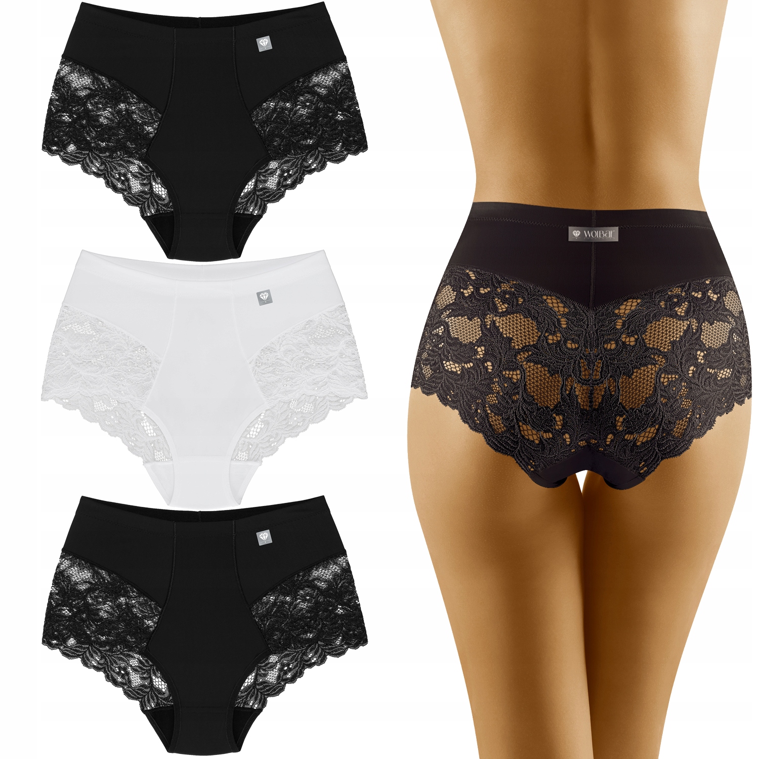 Wol-Bar Diamond 3506 3-pack černá-černá-bílá 2XL Kalhotky vysoké kalhotky