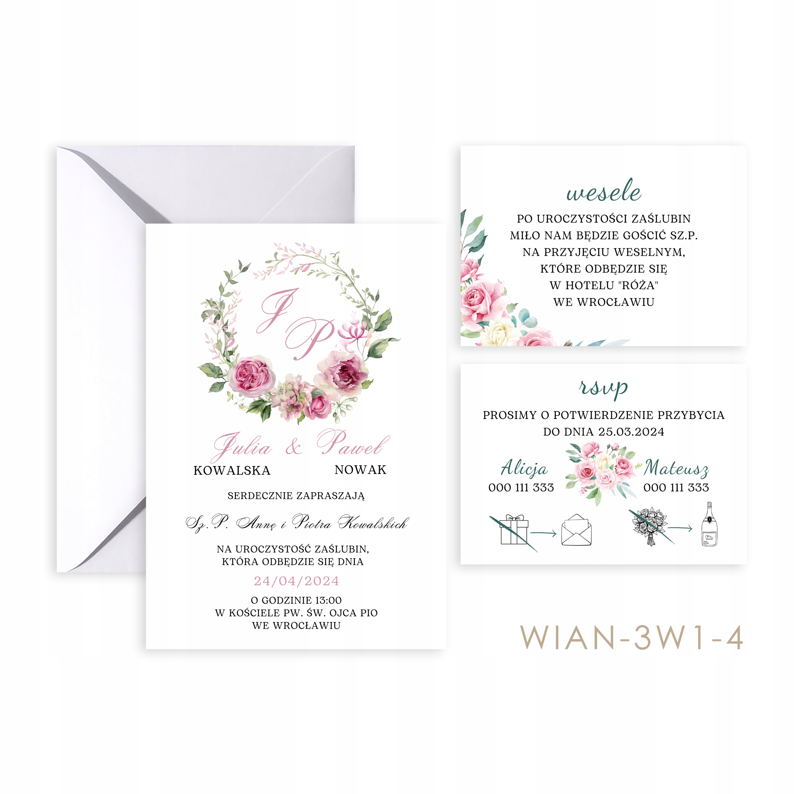 Zaproszenia Ślubne 3 w 1 WIANKI + koperta + gratis, WZORY Szerokość produktu 12 cm
