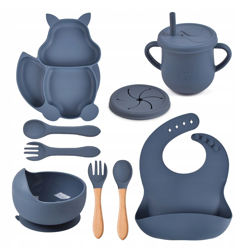 ZESTAW NACZYNIA SILIKONOWE DLA DZIECI NIEMOWLĄT 9 ELEMENTÓW NIEBIESKI Kod producenta 064