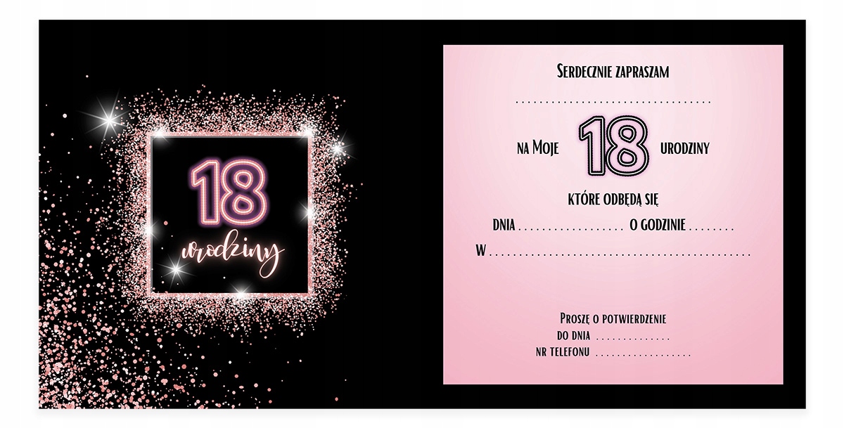 Zaproszenia na 18 Urodziny Różowy Brokat / Biała Koperta Z11_03 Marka Szalony Kot