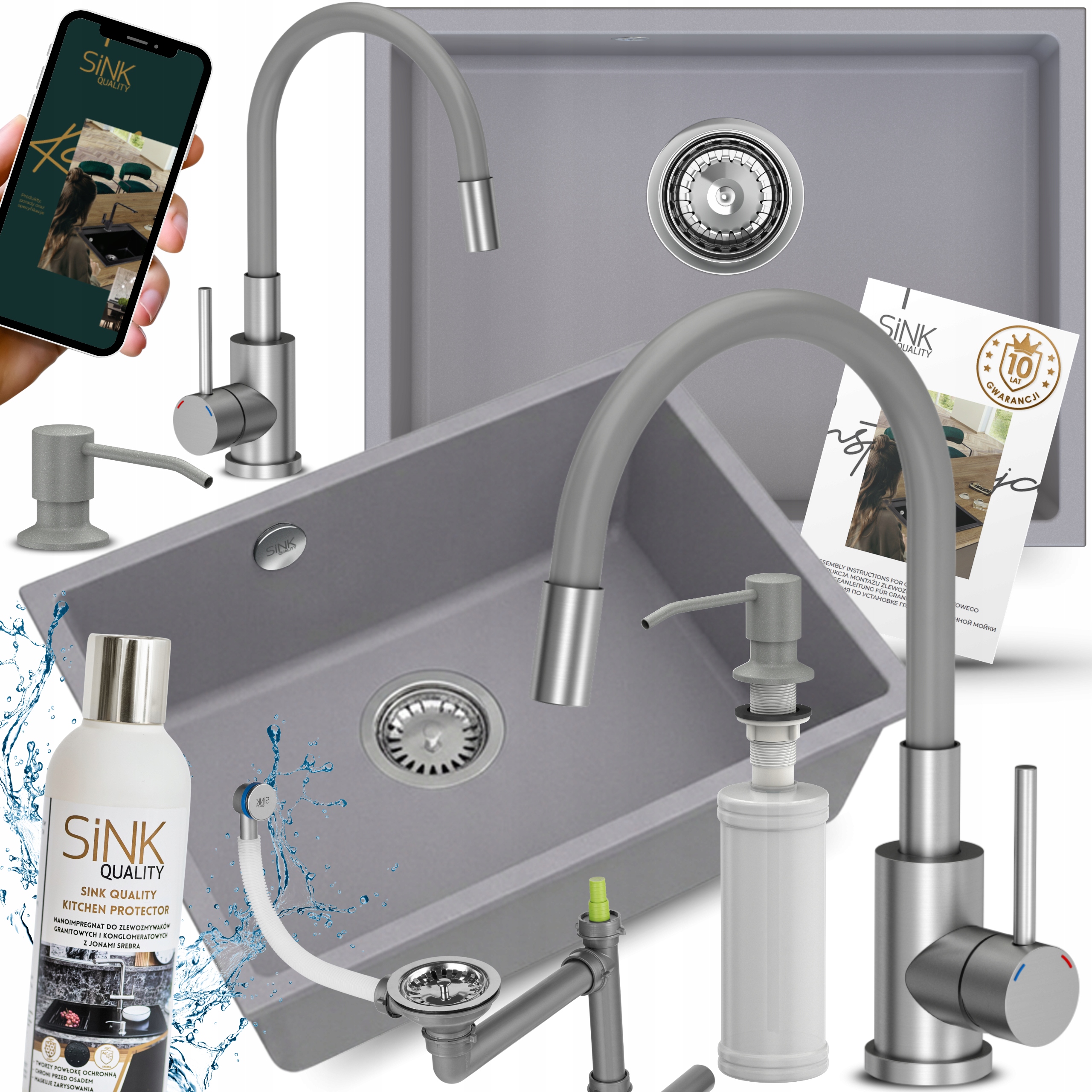 Dřez Granitové Podstolové Závěsné šedé Baterie impregnační