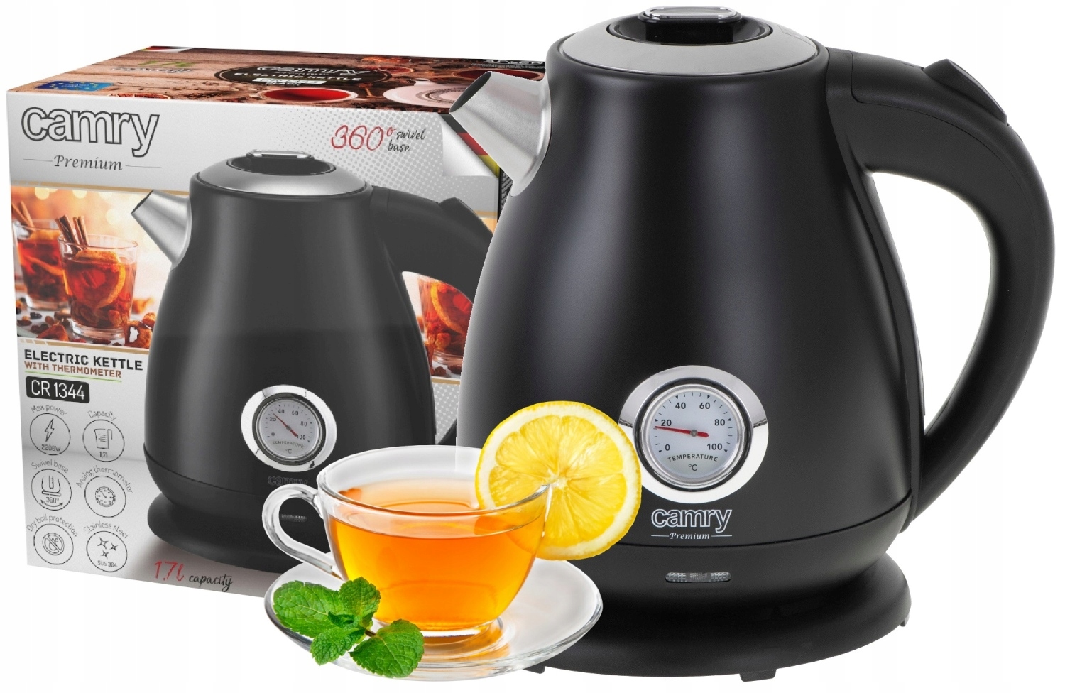 Czajnik elektryczny bezprzewodowy metalowy z termometrem 1,7L 2200W czarny