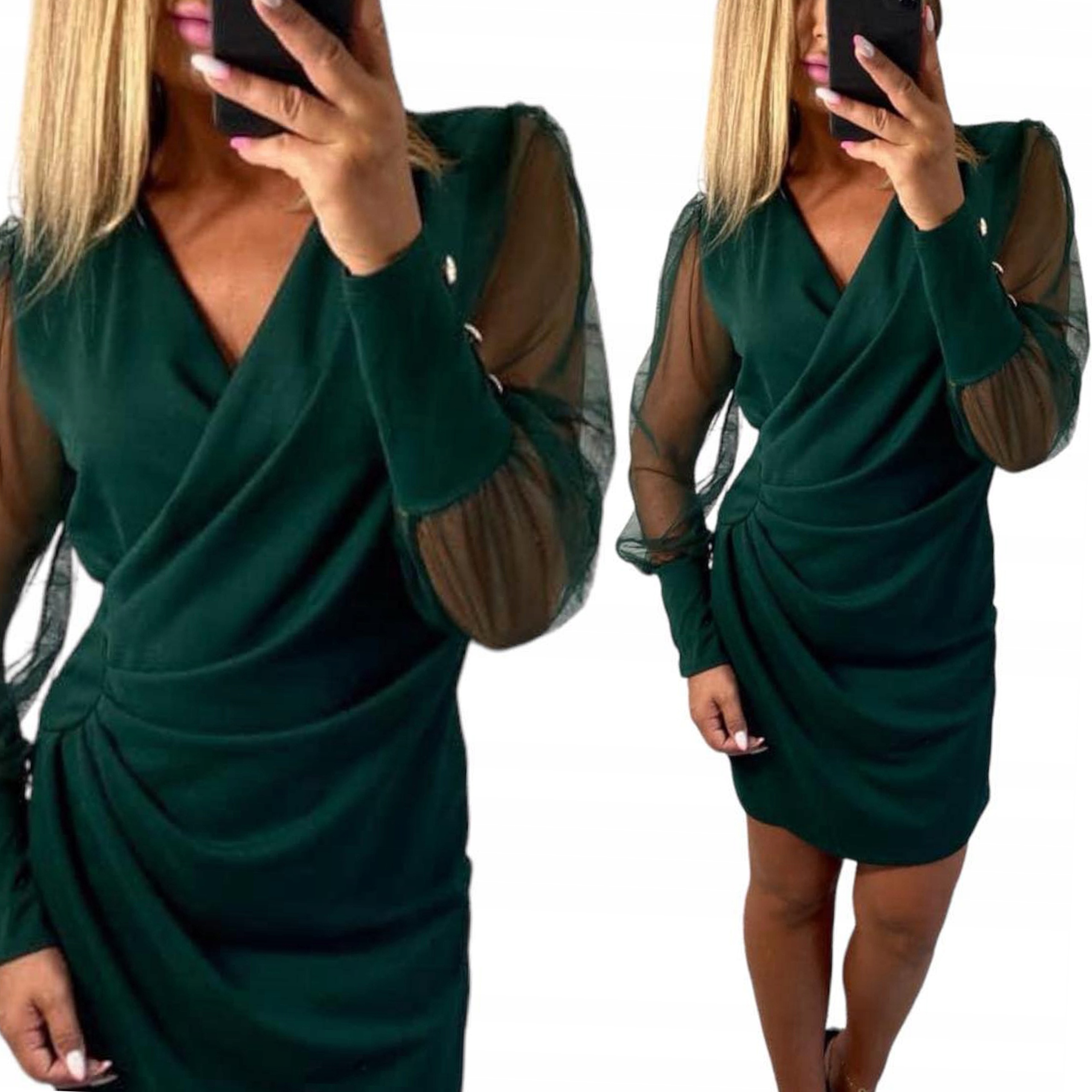 V782 Večerní Šaty Obálkové S Tylovým Rukávem Zelené vel. 46 (3XL)