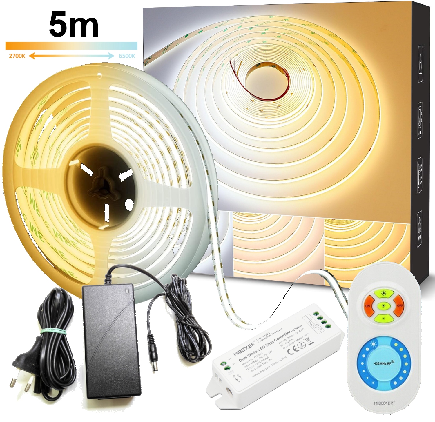 Led pásik Cob Cct 2700K-6500K 5M V Súprave S Napájacím Adaptérom A Ovládačom