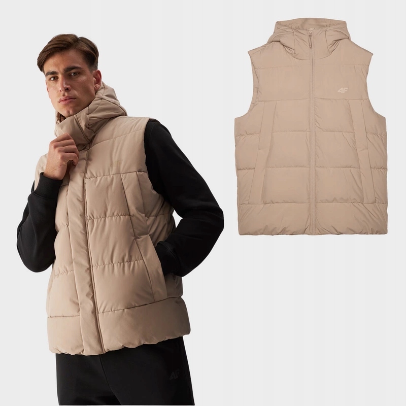 Bunda Bez Rukávů Péřová Vesta Kapuce 4F 4FWAW24TVJAM144-83S Béžová S