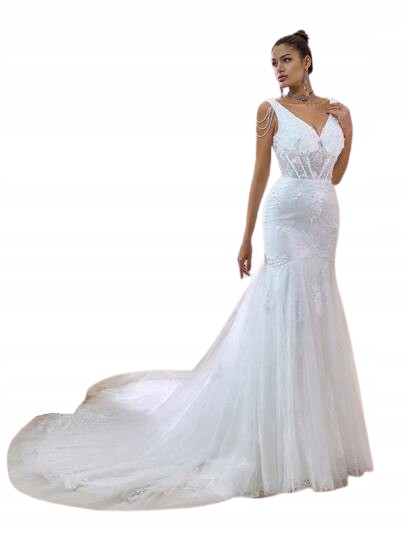 Shein Bílá Svatební Šaty Mořská Panna S Krajkou A Hlubokým Výstřihem 40/42 11GE