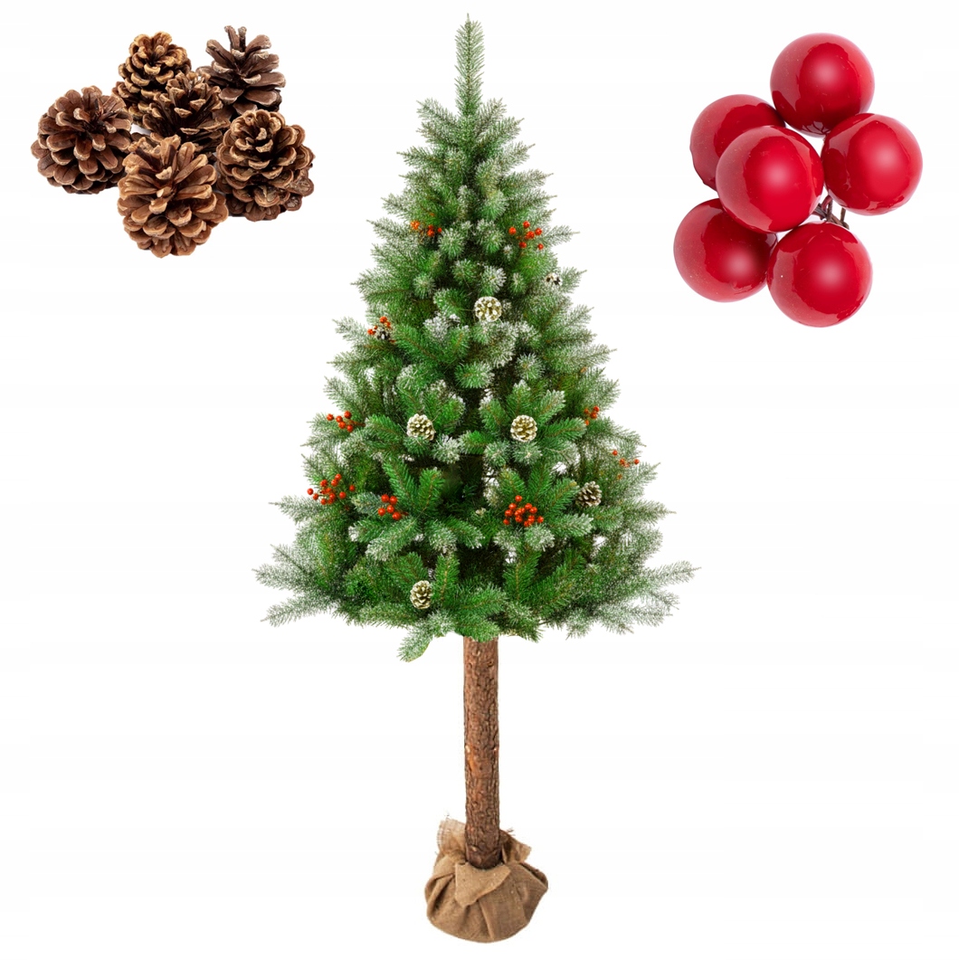 Umělý Stromek Na Kmeni Vánoční Stromek Vysoký 220 CM 3D Šišky Jeřabina Vánoce