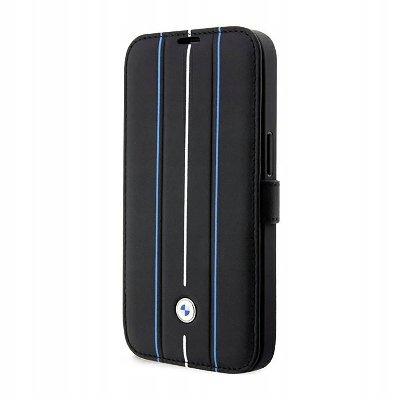 Bmw Booktype Leather Stamp Blue Lines Pouzdro pro iPhone 14 Pro (černé)