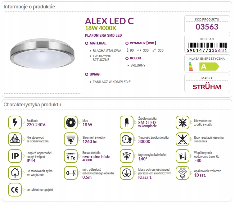 Lampa plafon kinkiet ALEX LED C 18W 03563 STRUHM Kolor biały srebrny szary