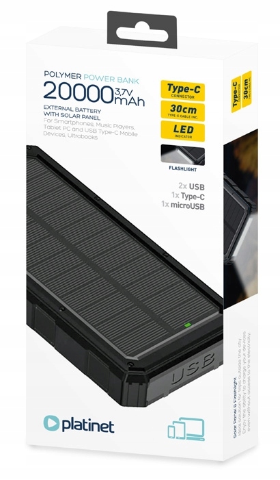 Solární Power Bank Solární Nabíječka Usb-c 20000 mAh 4xUSB Svítilna Platinet